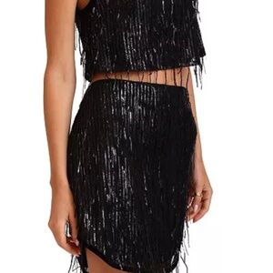 AVEC Les FILLES Black Sequin Fringe Mini Skirt Crop Top New Year’s Set
